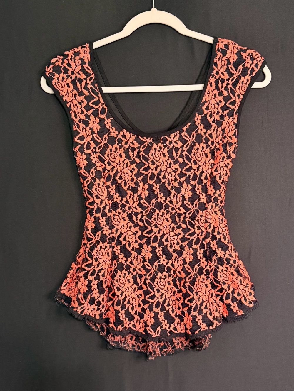 Purple Snow Black Tank with Coral Lace Overlay peplum sleeveless coquette